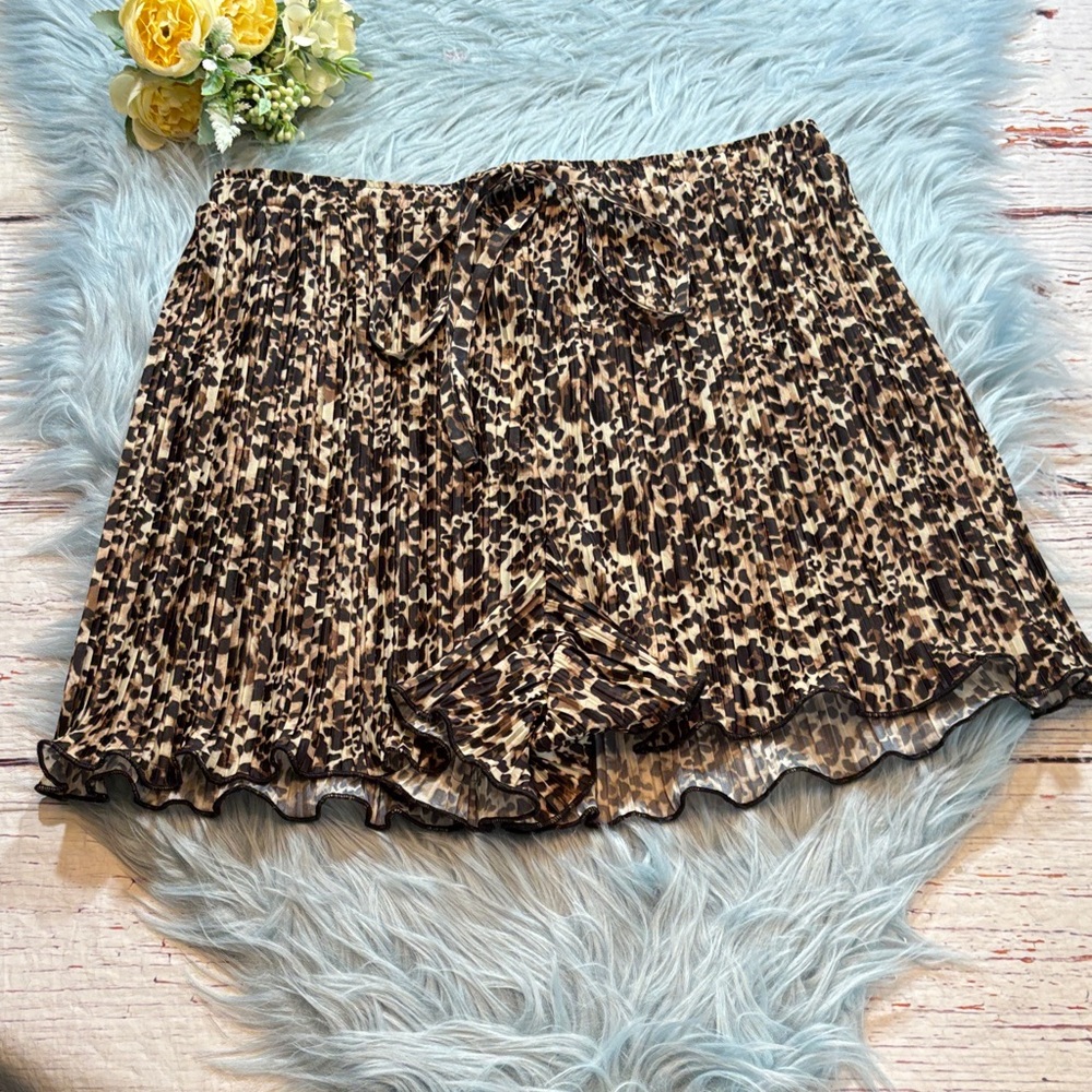 Anthropologie Leopard Print Pleated Ruffle Shorts in Tan and Black